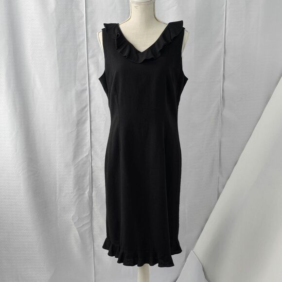 Mary McFadden Dresses & Skirts - Mary McFadden Collection Womens 12 Black Linen Blend Ruffle Neck Sheath Dress